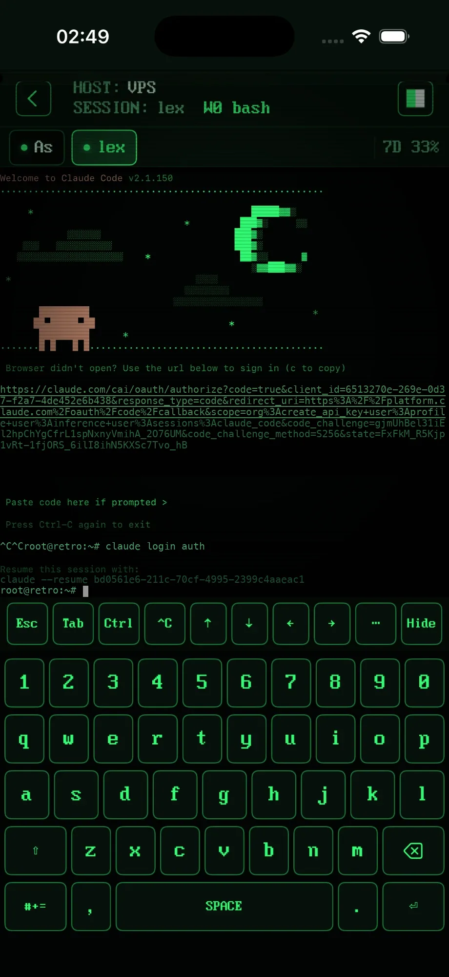 RETRO TMUX on iPhone: Claude Code running inside a tmux session, with the retro keyboard